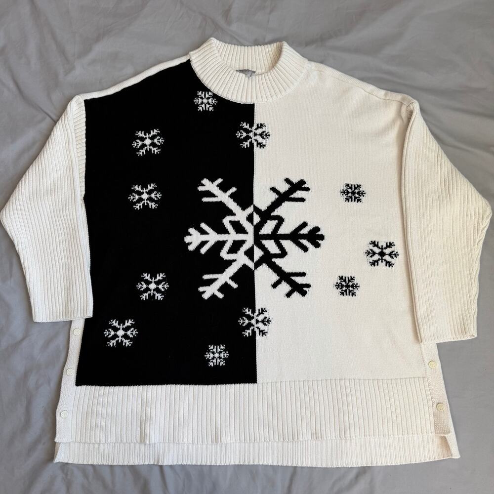 T For Talbots, Cream/Black, Winter Snowflakes, Turtleneck Sweater- 2XL